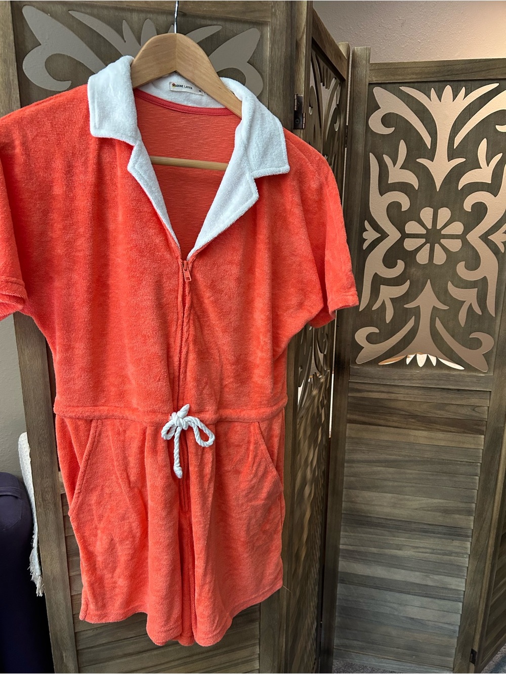 Marine layer Terry out zip up drawstring romper hot coral size M - Picture 2 of 9
